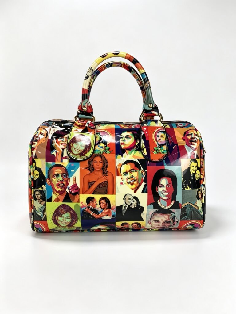 Vibrant Pop Art Character Collage Print Patent Leather Boston Bag, Matching Printed Double Top Handles, Zippered Barrel Style Fashion Handbag Detail