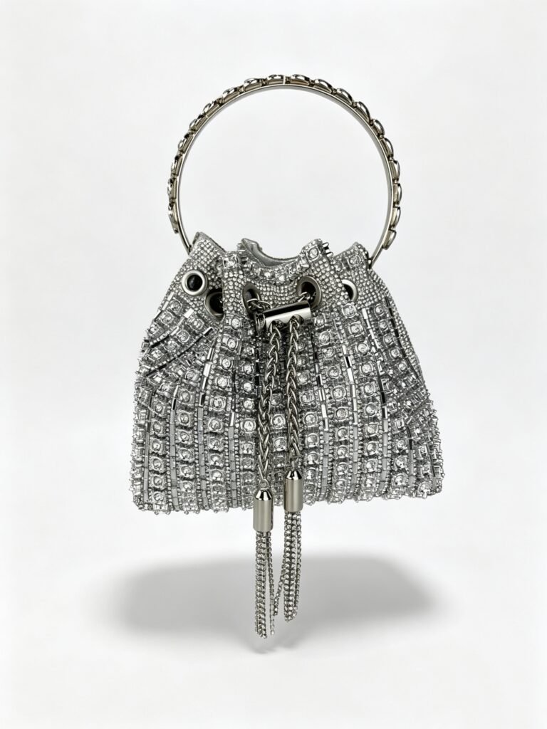 Full Silver Crystal Rhinestone Mini Bucket Bag, Large Rhinestone Metal Ring Handle, Drawstring Closure with Long Chain Tassel Luxury Evening Bag Detail