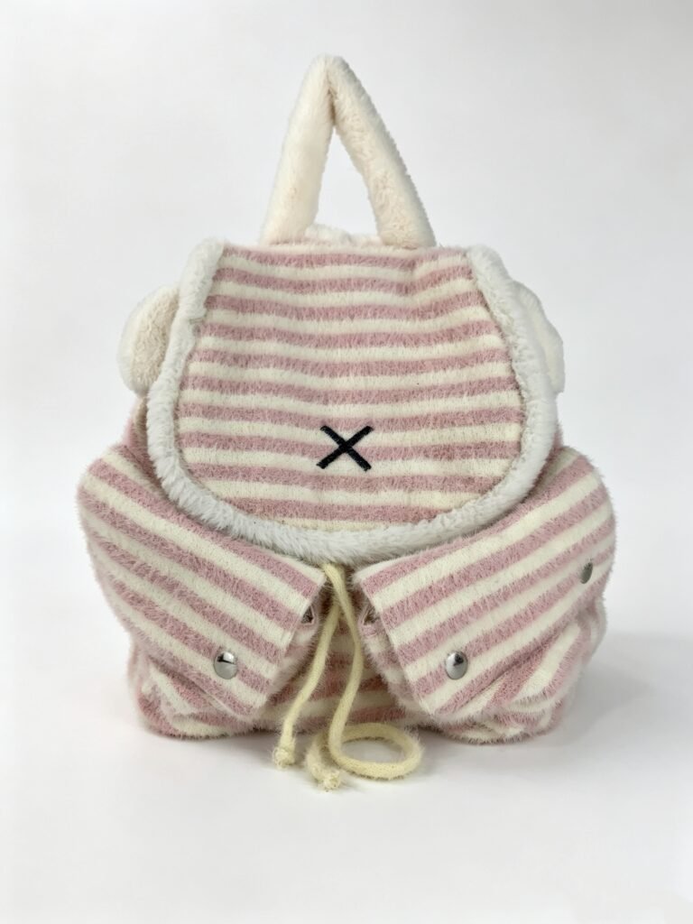 Sweet Pink & White Horizontal Stripe Furry Mini Backpack, Fluffy Trim Flap with Embroidery X Mark, Drawstring Closure Cute Ear Kawaii Backpack Detail