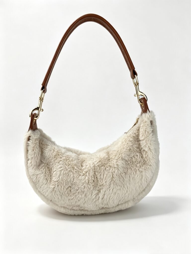 Cream Faux Fur Crescent Hobo Underarm Bag, Detachable Brown Faux Leather Shoulder Strap with Gold Clasp Hardware Detail
