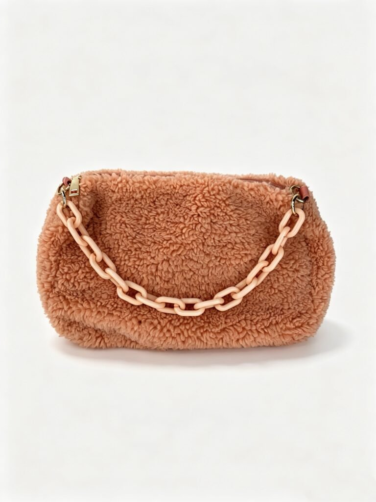 Warm Caramel Teddy Fleece Underarm Bag, Thick Chunky Light Pink Resin Chain, Soft Curly Faux Shearling Zipper Shoulder Bag Detail