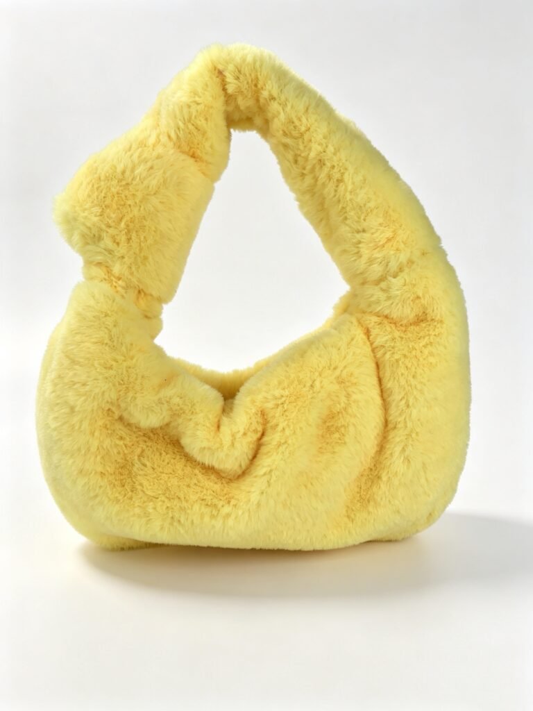 Vibrant Yellow Super Soft Faux Fur Hobo Bag, Unique Knotted Top Handle, Fluffy Plush Underarm Shoulder Bag Detail