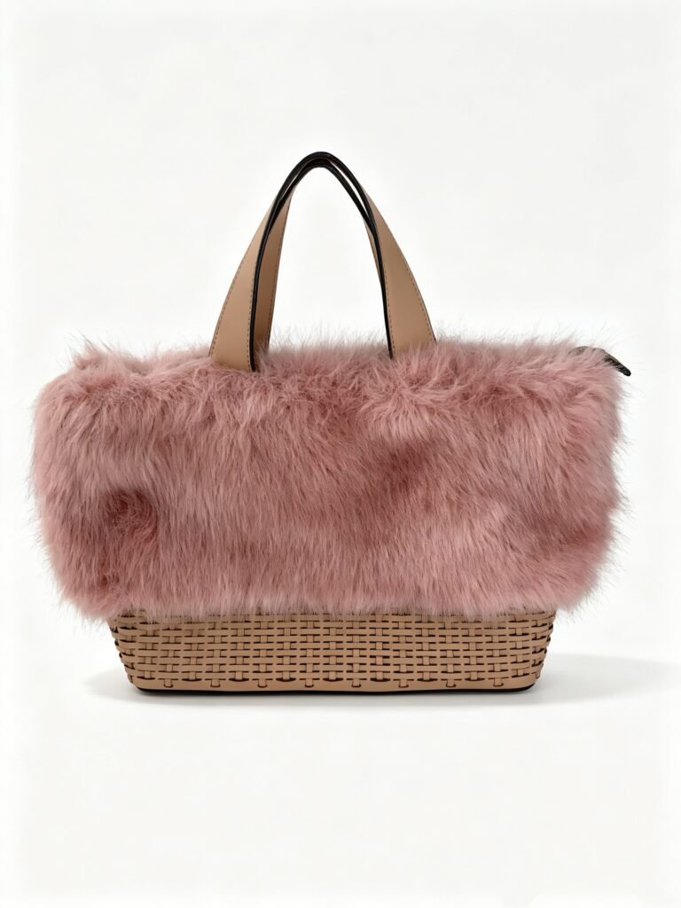 Dusty Pink Faux Fur Combined Woven Basket Tote Bag with Smooth Faux Leather Top Handle Detail