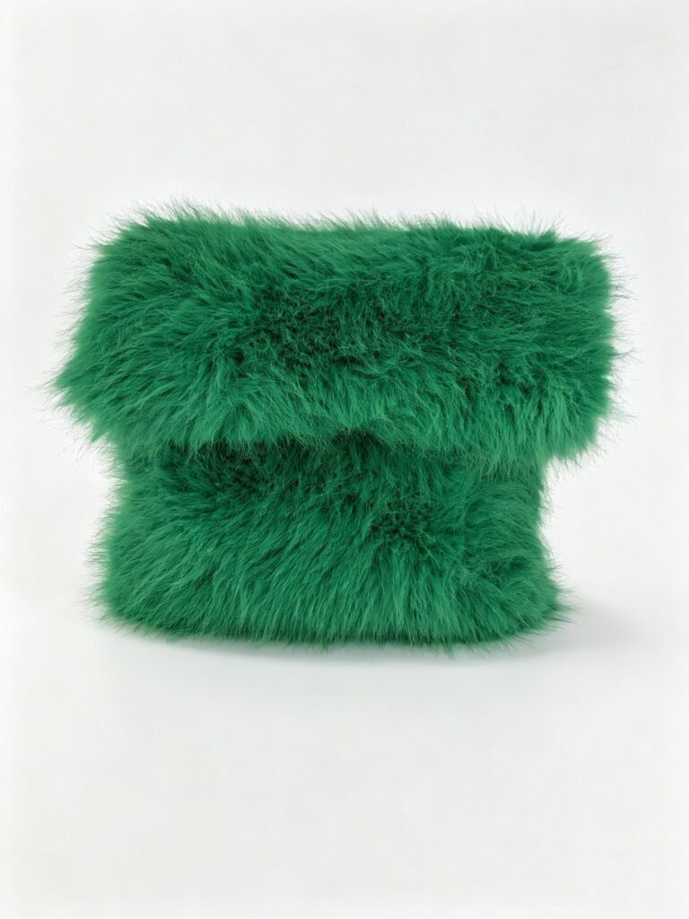 Vibrant Green Long Faux Fur Foldover Clutch, Fluffy Plush Texture Fashion Statement Evening Bag Detail