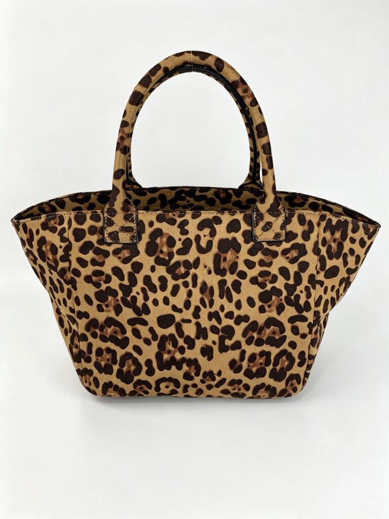 Vintage Leopard Print Faux Suede Shopper Tote Bag with Matching Leopard Top Handle Detail