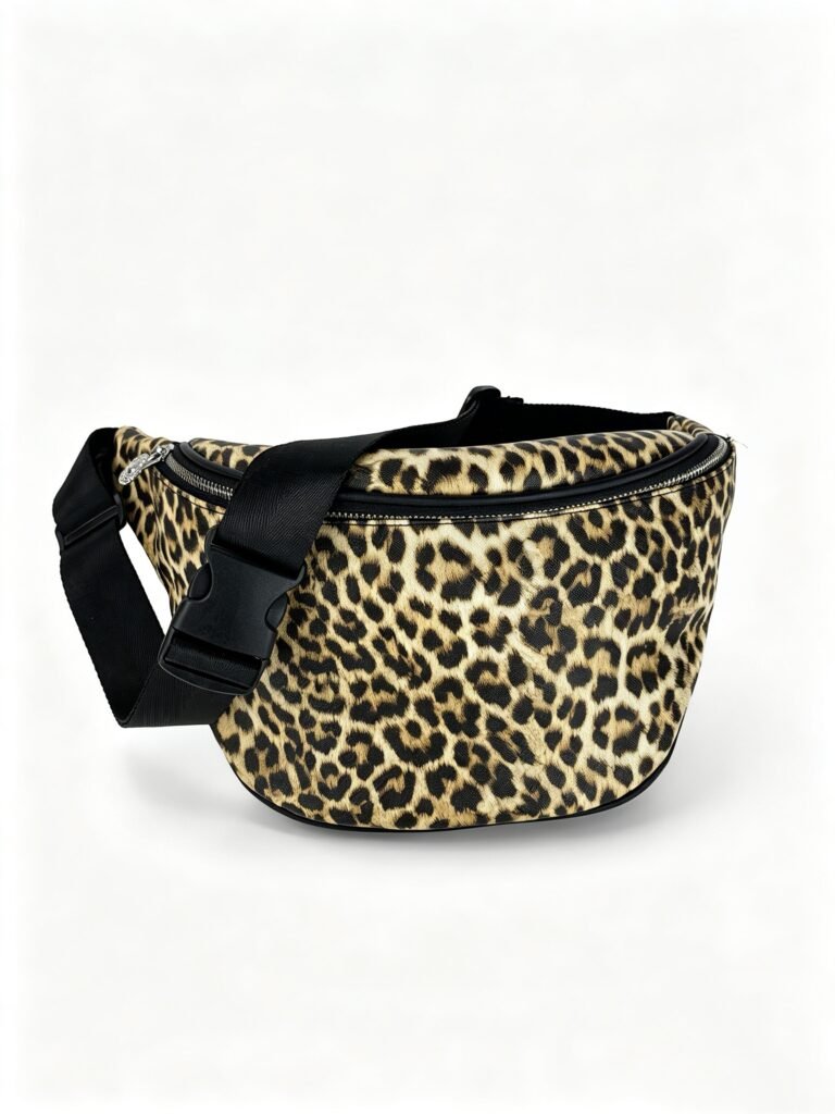 Vintage Leopard Print Waist Fanny Pack with Adjustable Black Webbing Strap & Multi Zip Compartment Detail