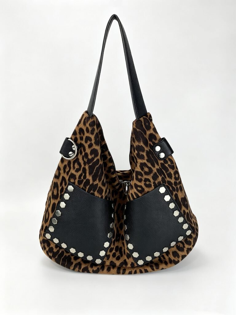 Vintage Leopard Print Hobo Bag with Black Leather Patch Pockets & Silver Hexagon Stud Embellishment Detail