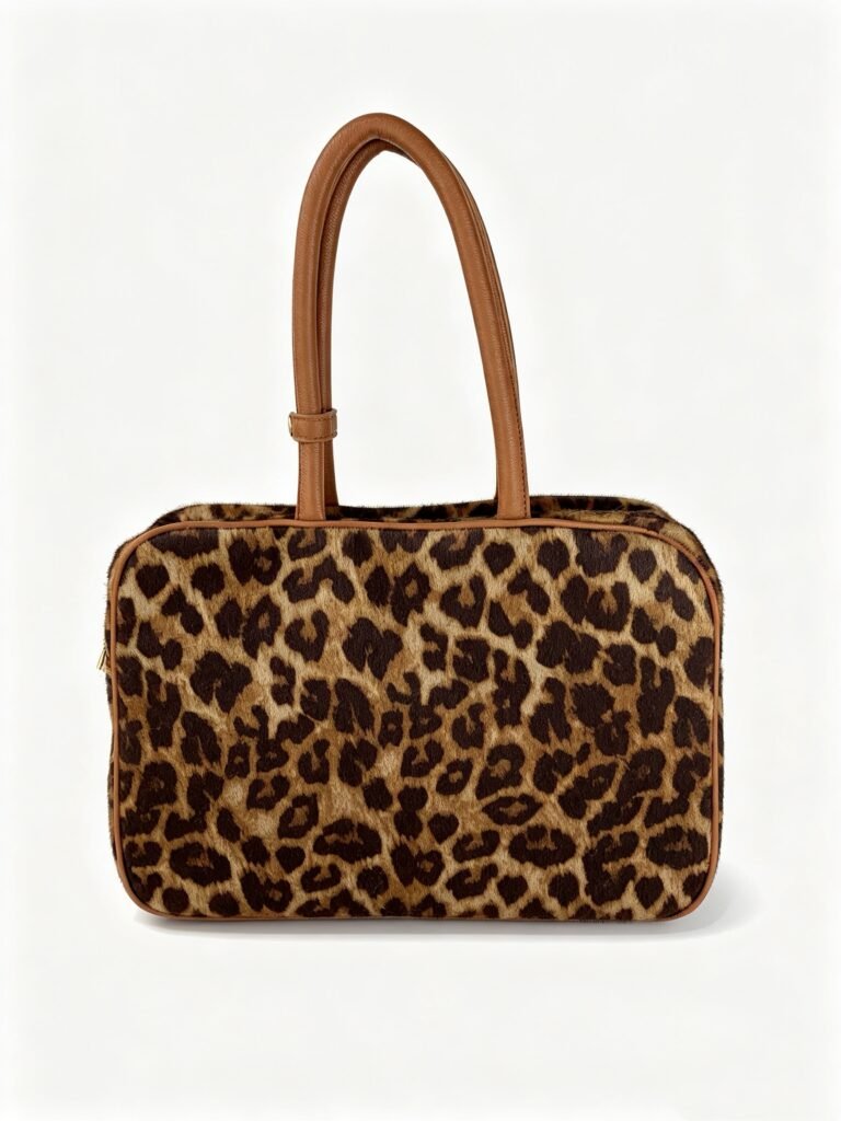Vintage Leopard Print Pony Hair Rectangular Handbag with Tan Leather Trim & Adjustable Top Handle Detail