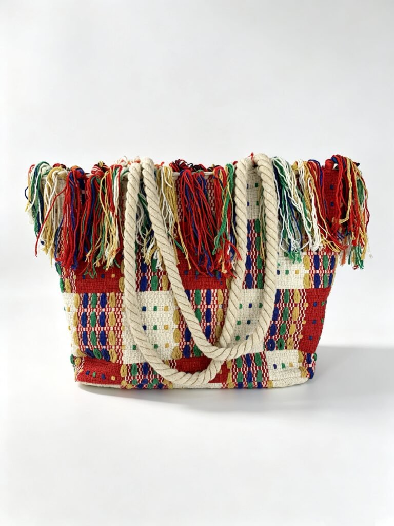 Vintage Color Block Geometric Woven Tote Bag with Thick Cotton Rope Handles & Rainbow Tassel Fringe Detail