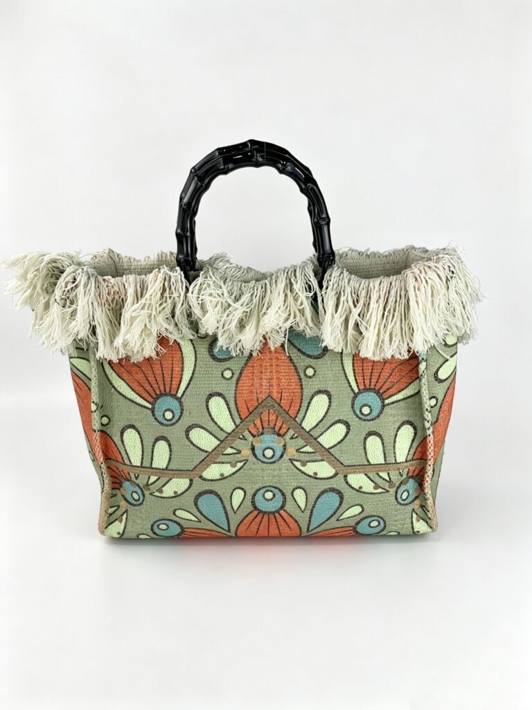 Vintage Retro Botanical Printed Woven Tote Bag with Black Bamboo Handle & Off-White Fringe Trim Detail