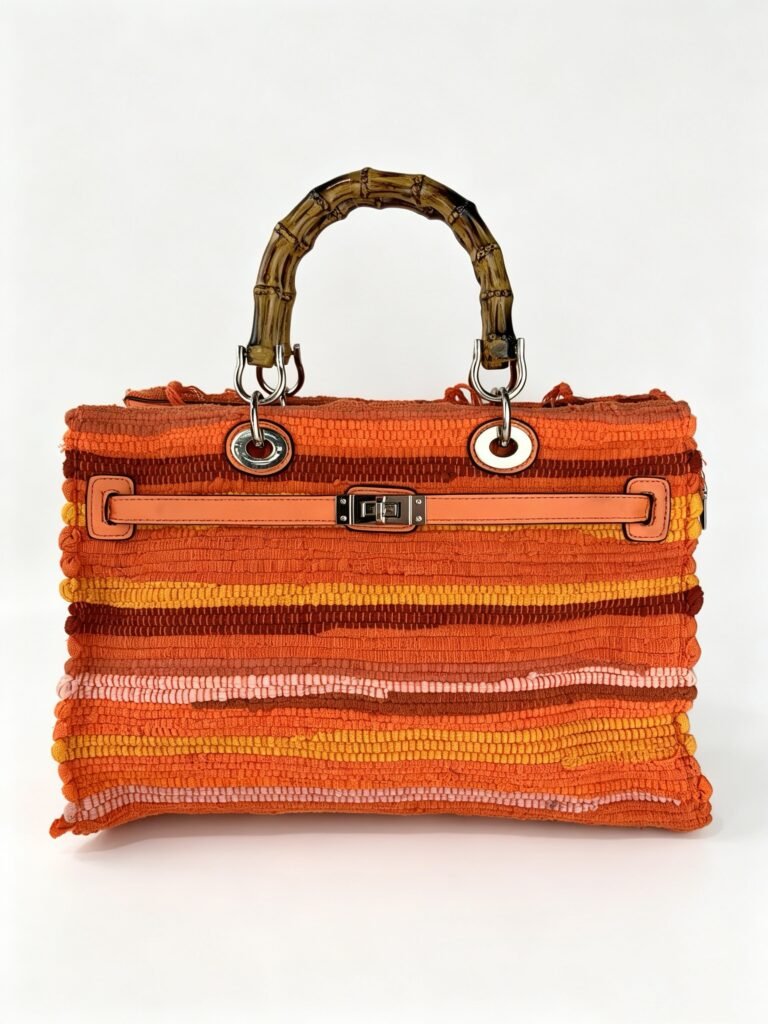 Vintage Orange Ombre Striped Woven Tote Bag with Natural Bamboo Handle, Leather Accents & Turn Lock Hardware Detail