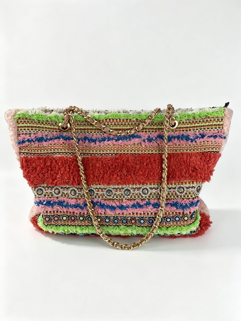 Vintage Colorful Striped Textured Tote Bag with Bead Inlay, Frayed Trim & Leather Interwoven Gold Chain Strap Detail