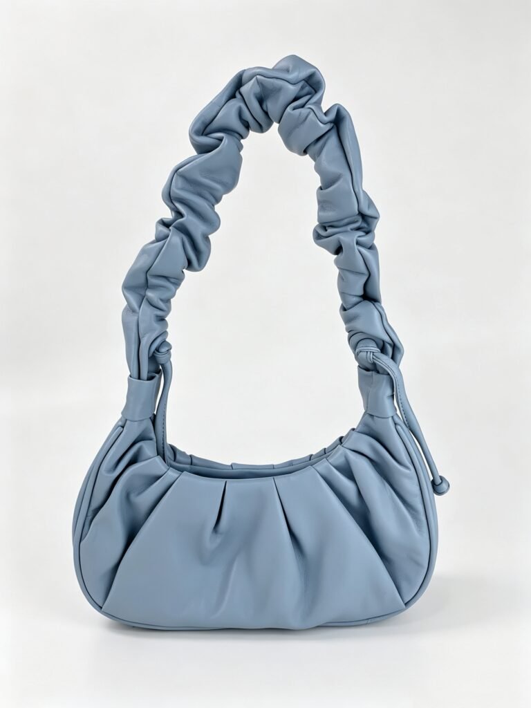 Vintage Light Blue Pleated Ruched Hobo Bag with Gathered Ruched Shoulder Strap Detail