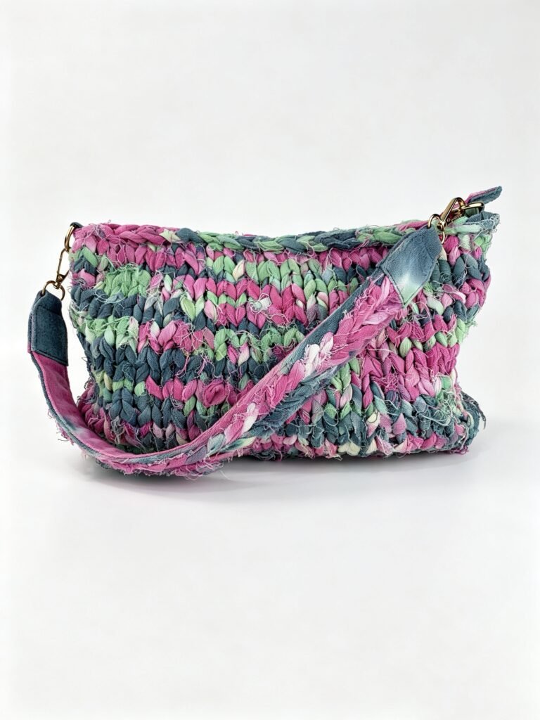 Vintage Chunky Woven Crossbody Bag in Pink & Green Mix with Frayed Edges & Detachable Denim Strap Detail