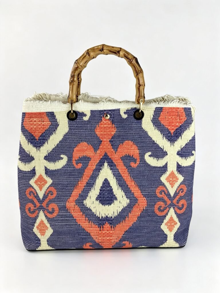 Vintage Ikat Geometric Print Woven Tote Bag with Natural Bamboo Handle & Frayed Fringe Edge Detail