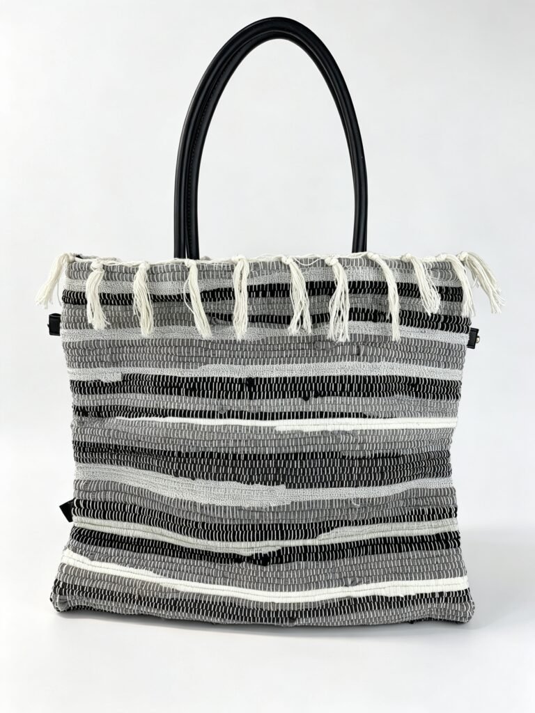 Vintage Black Grey Striped Woven Tote Bag with Black Leather Handle & White Tassel Fringe Detail