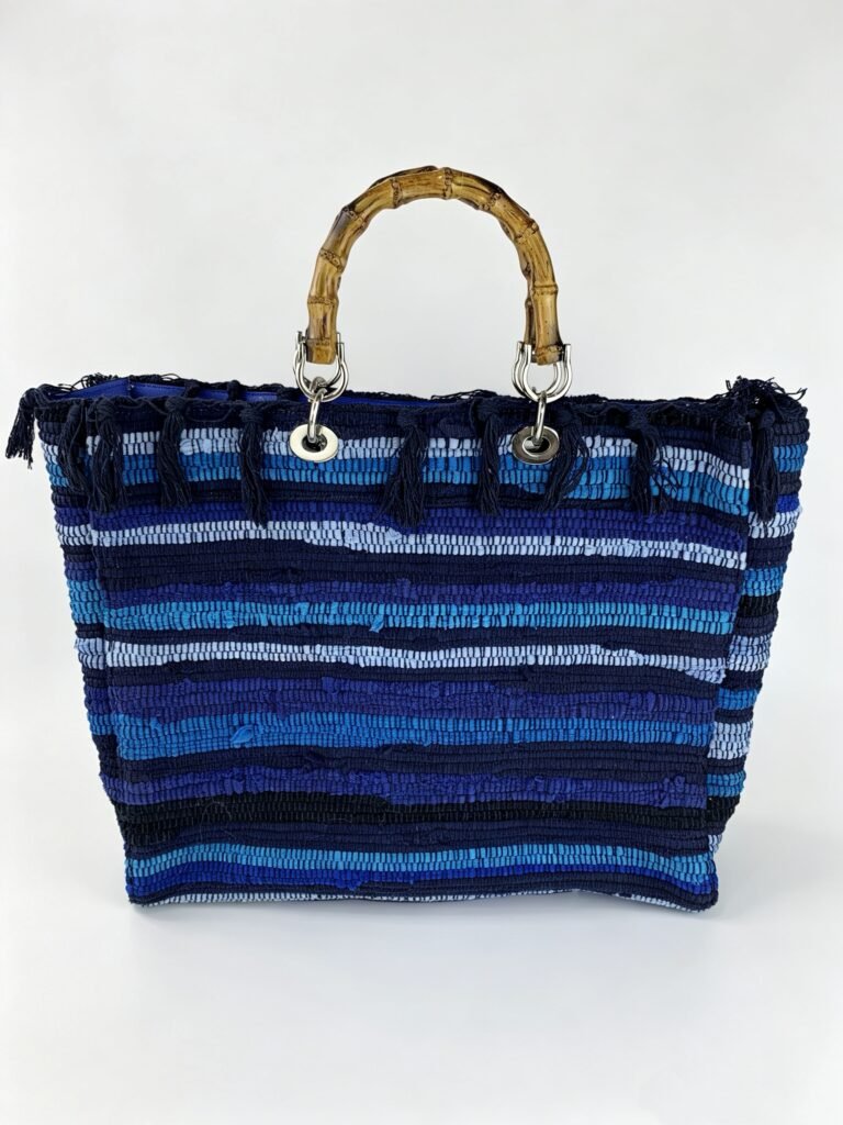 Vintage Blue Gradient Striped Woven Tote Bag with Natural Bamboo Handle & Fringe Edge Detail