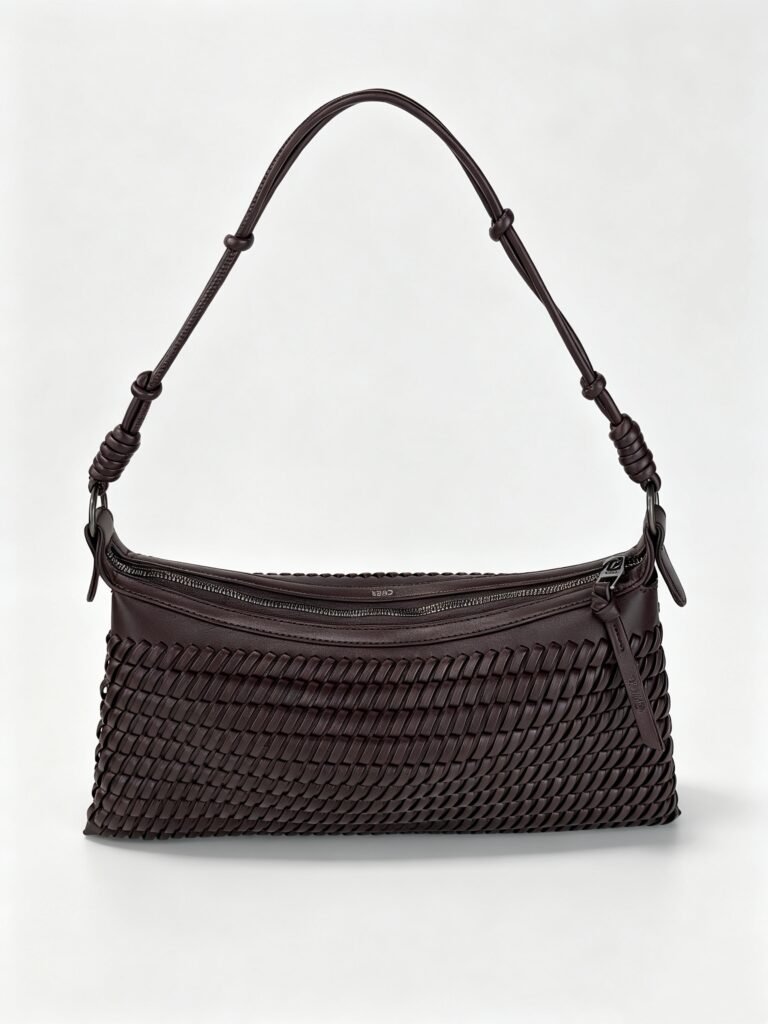 Vintage Dark Burgundy Woven Baguette Bag with Knotted Adjustable Leather Shoulder Strap Detail