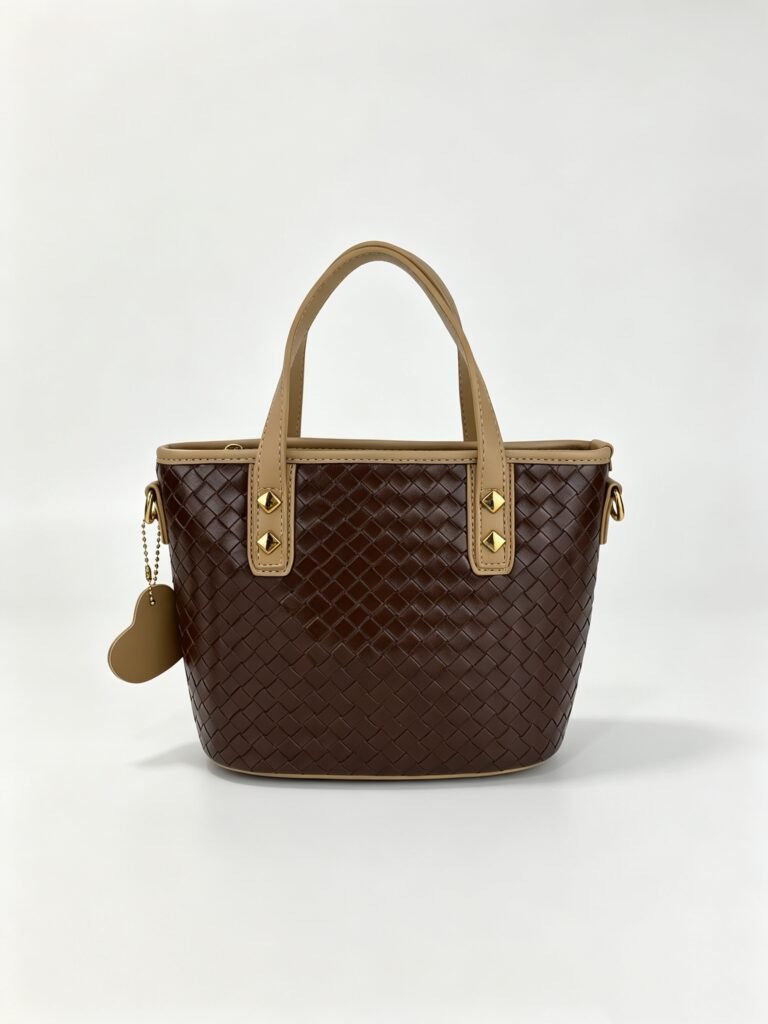 Vintage Dark Brown Intrecciato Woven Mini Bucket Tote Bag with Contrast Beige Handles, Gold Studs & Heart Charm Detail