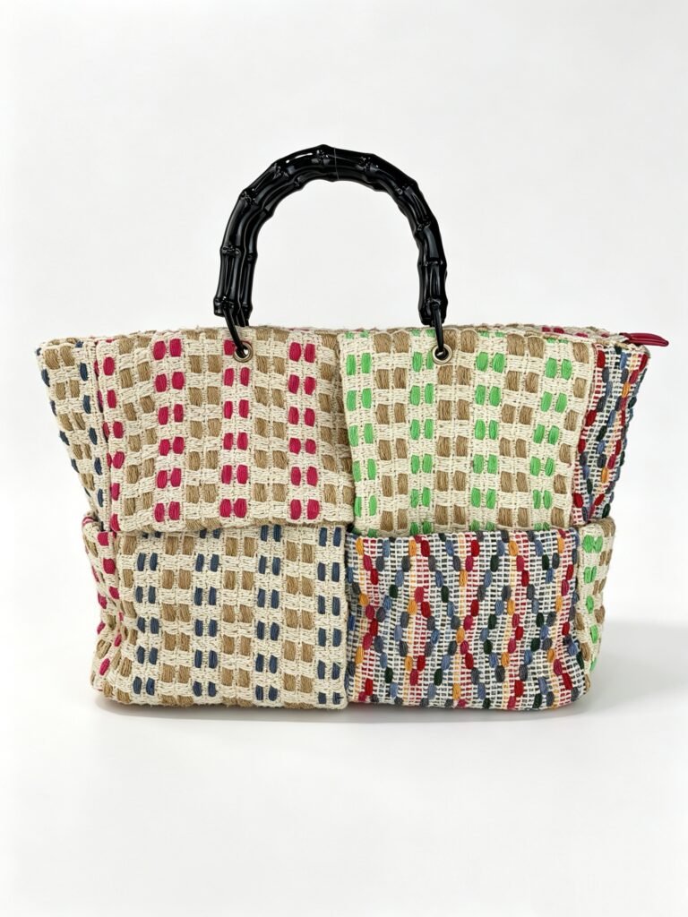 Vintage Multicolor Check Woven Tote Bag with Black Bamboo Handle & Patchwork Color Block Detail