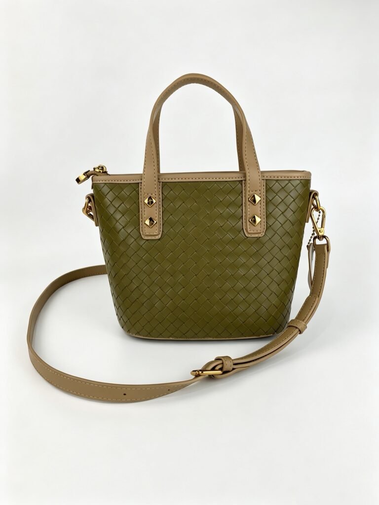 Vintage Olive Green Intrecciato Woven Mini Bucket Tote Bag with Contrast Tan Handles & Gold Stud Detail