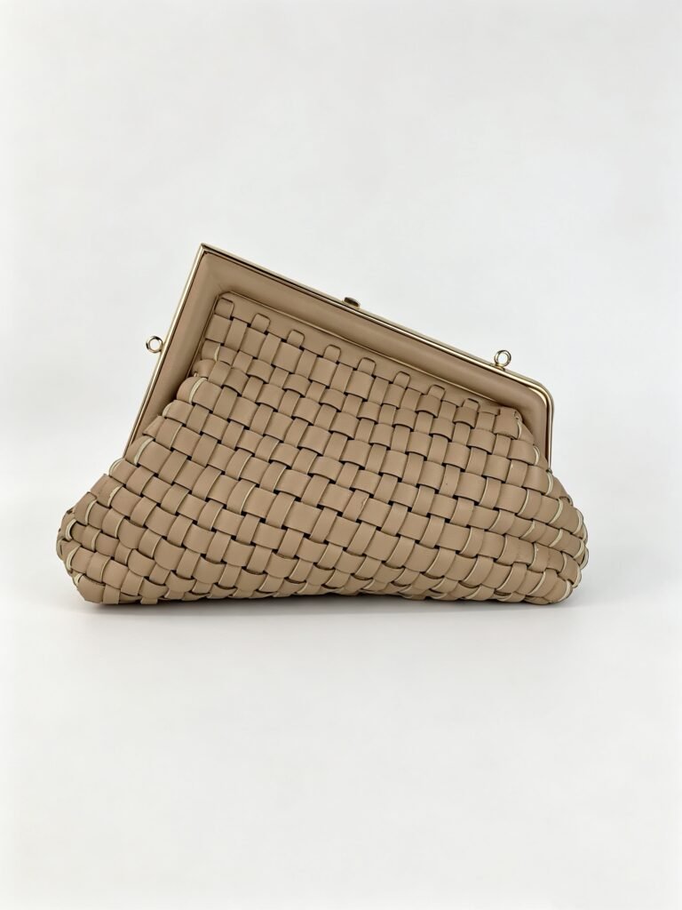 Vintage Beige Intrecciato Woven Frame Clutch Bag with Gold Kiss Lock & Asymmetrical Shape Detail