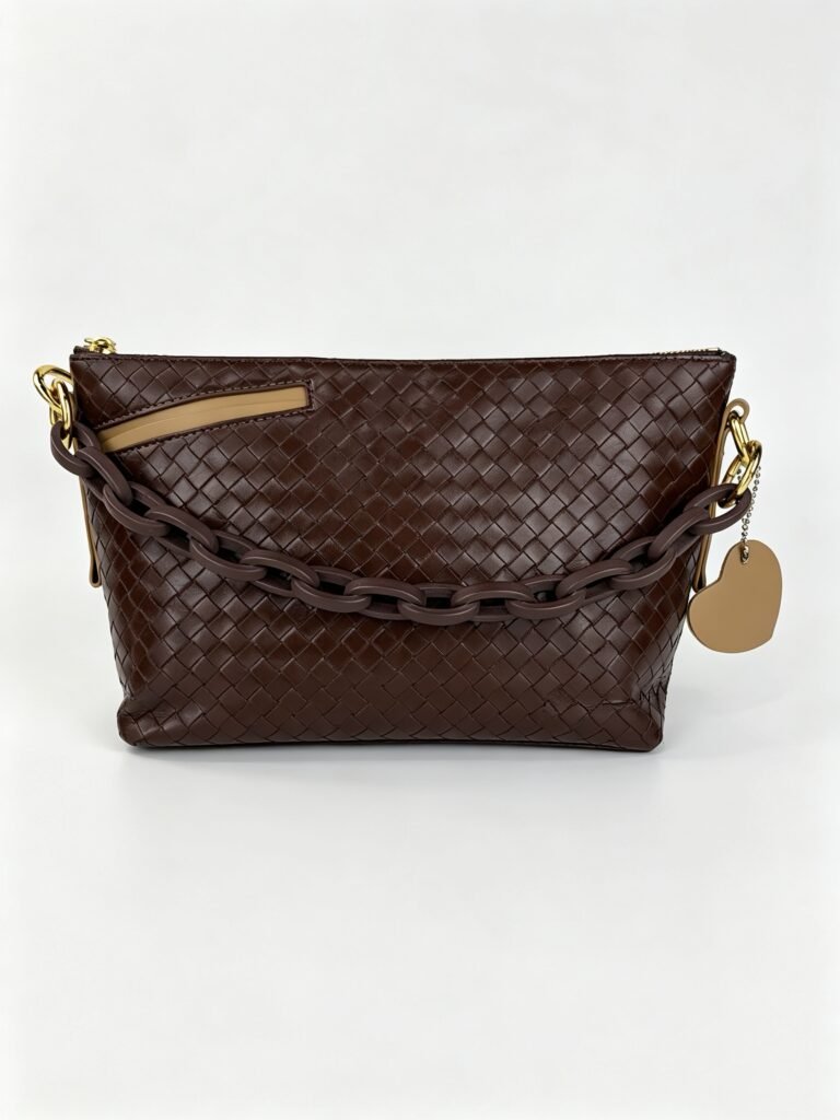 Vintage Dark Brown Intrecciato Woven Zip Shoulder Bag with Chunky Resin Chain & Heart Charm Detail