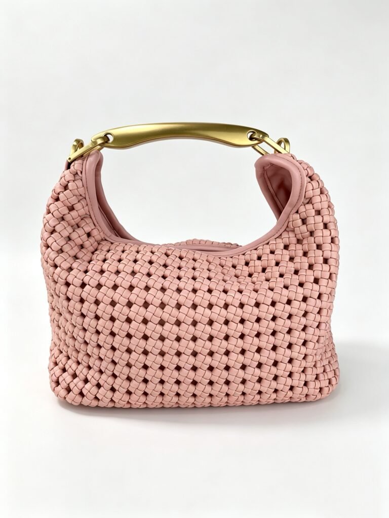 Vintage Blush Pink Chunky Braided Woven Hobo Bag with Curved Gold Metal Handle Detail