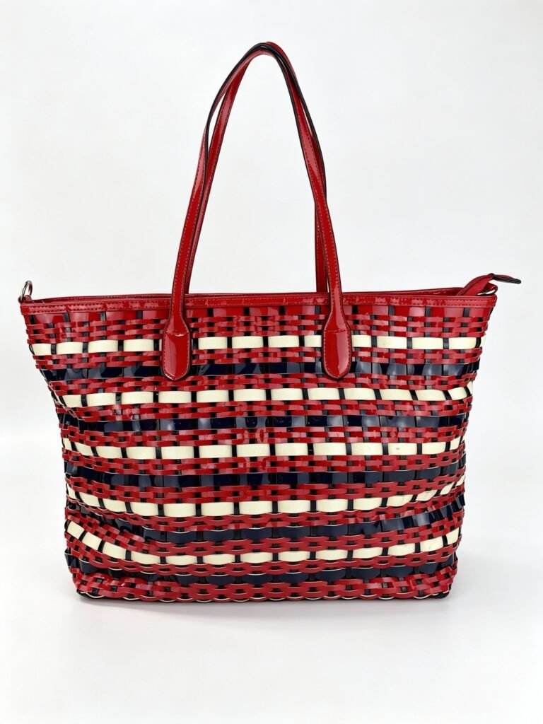 Vintage Red Navy White Striped Woven Tote Bag with Patent Leather Trim & Zipper Top Detail