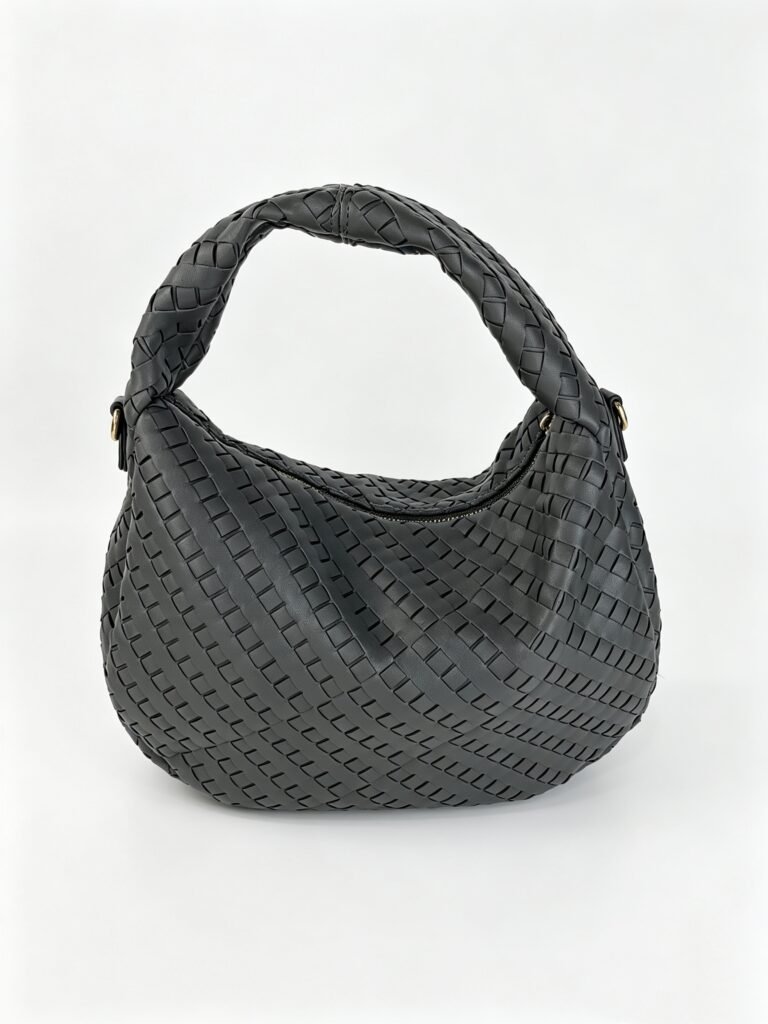 Vintage Dark Grey Intrecciato Woven Hobo Bag with Wrapped Handle & Detachable Strap Detail