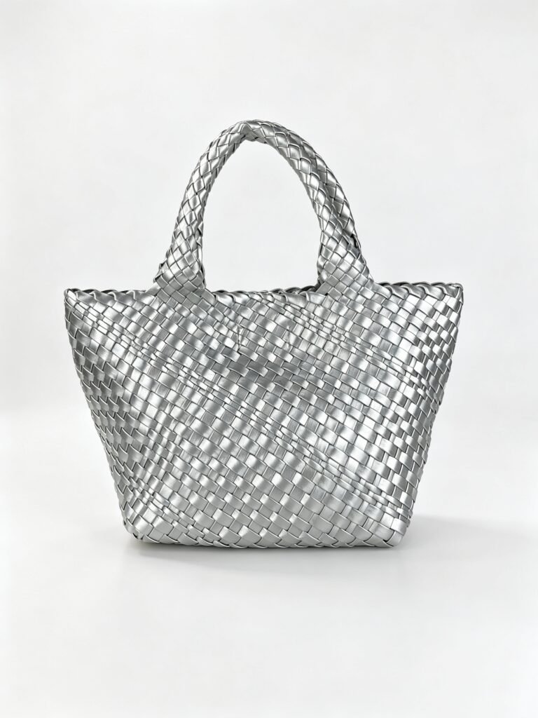 Vintage Metallic Silver Intrecciato Woven Tote Bag with Full Handwoven Texture Detail