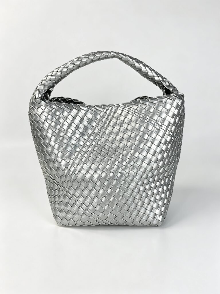 Vintage Metallic Silver Intrecciato Woven Bucket Tote Bag with Full Handwoven Texture Detail