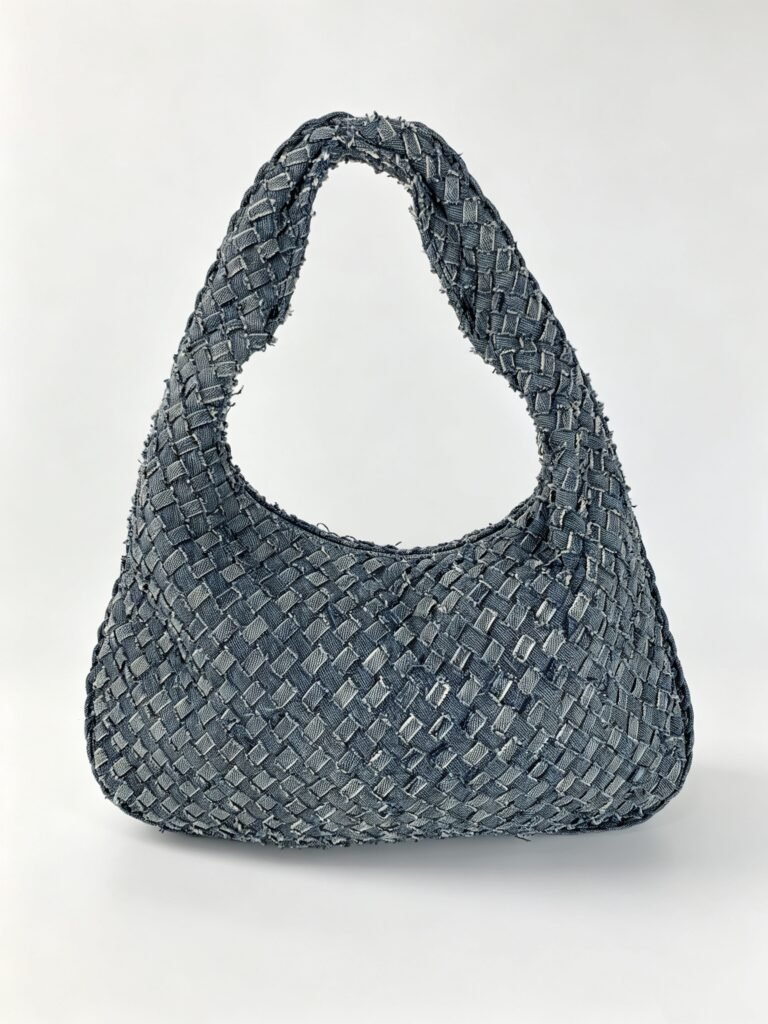 Vintage Distressed Denim Grid Woven Hobo Bag with Frayed Raw Edge Detail