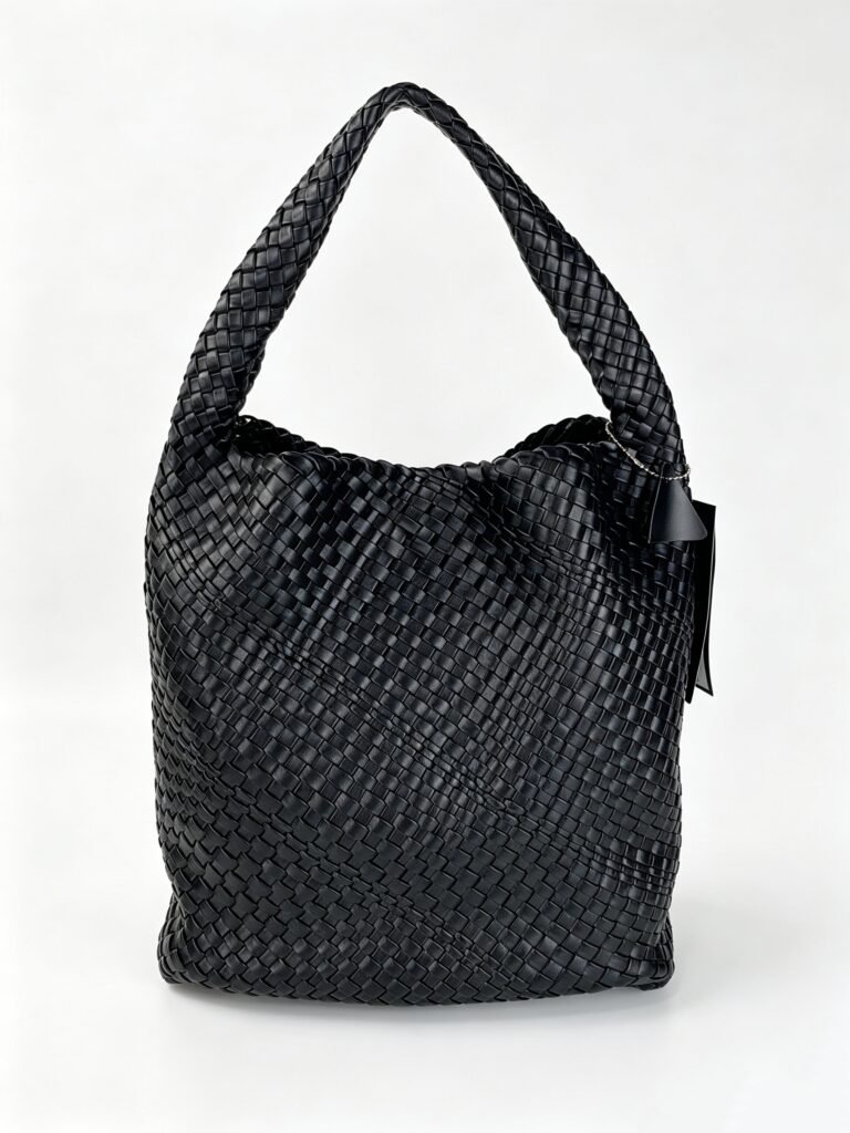 Vintage Black Intrecciato Woven Large Hobo Tote Bag with Full Handwoven Texture Detail