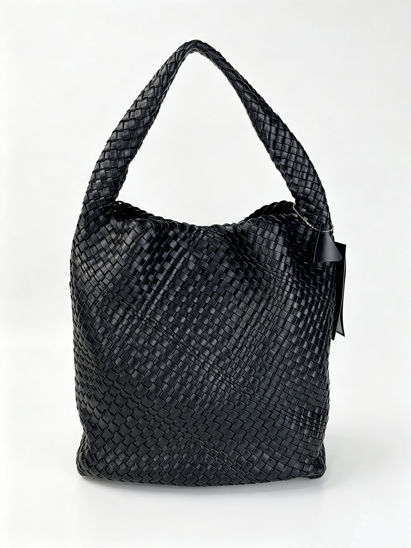 Vintage Black Intrecciato Woven Large Hobo Tote Bag with Full Handwoven Texture Detail