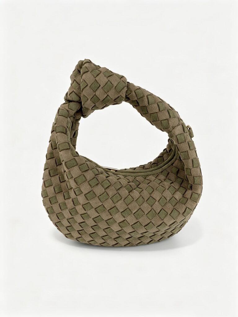 Vintage Olive Green Grid Patchwork Suede Hobo Bag with Knotted Handle Detail