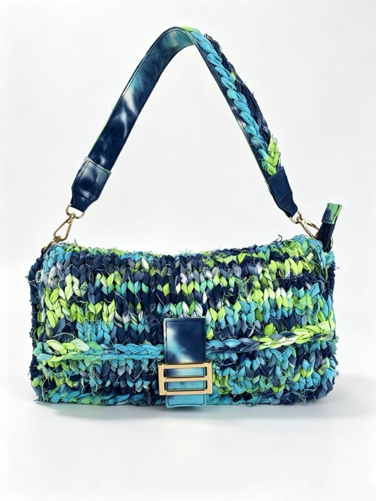 Vintage Multicolor Fringe Fabric Woven Shoulder Bag with Tie Dye Strap & Gold Buckle Detail