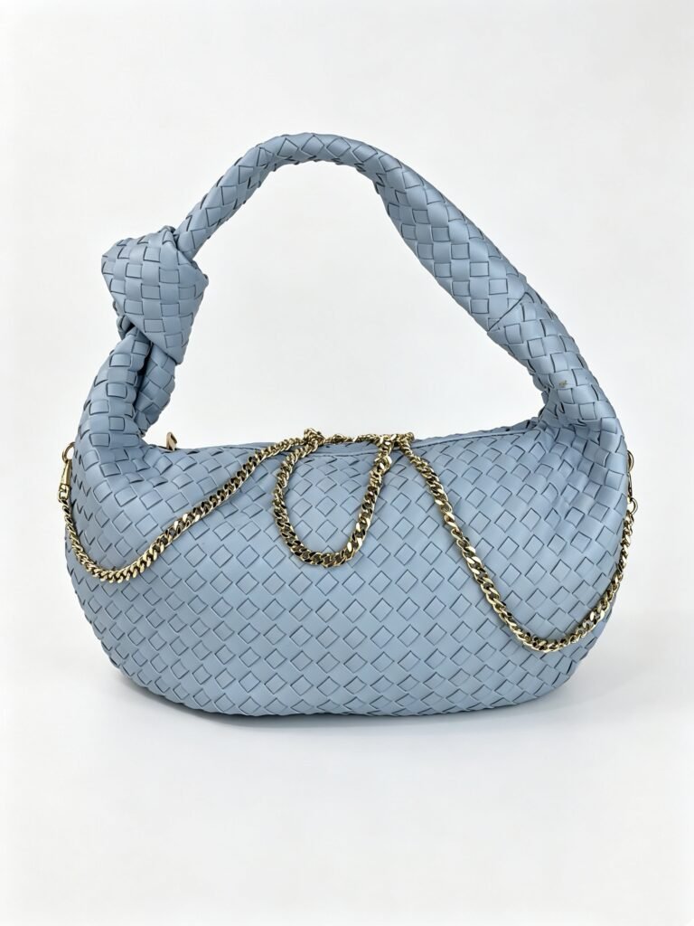 Vintage Light Blue Intrecciato Woven Hobo Bag with Knotted Handle & Gold Chain Detail