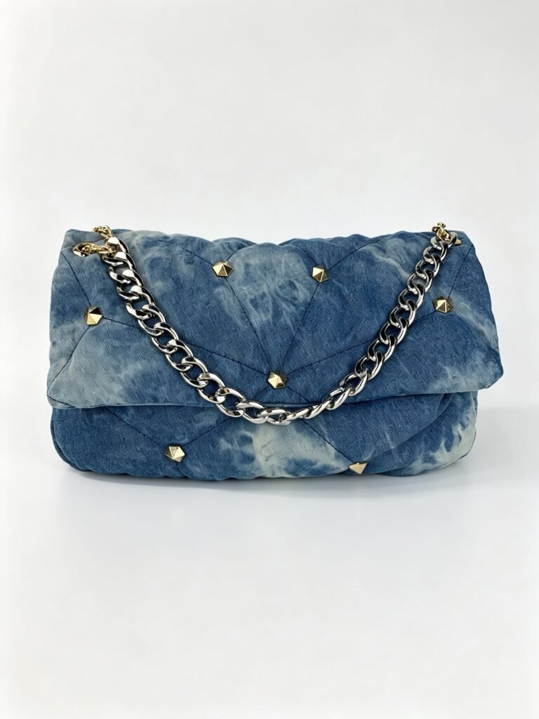 Vintage Quilted Washed Denim Flap Bag with Gold Pyramid Stud & Thick Metal Chain Detail