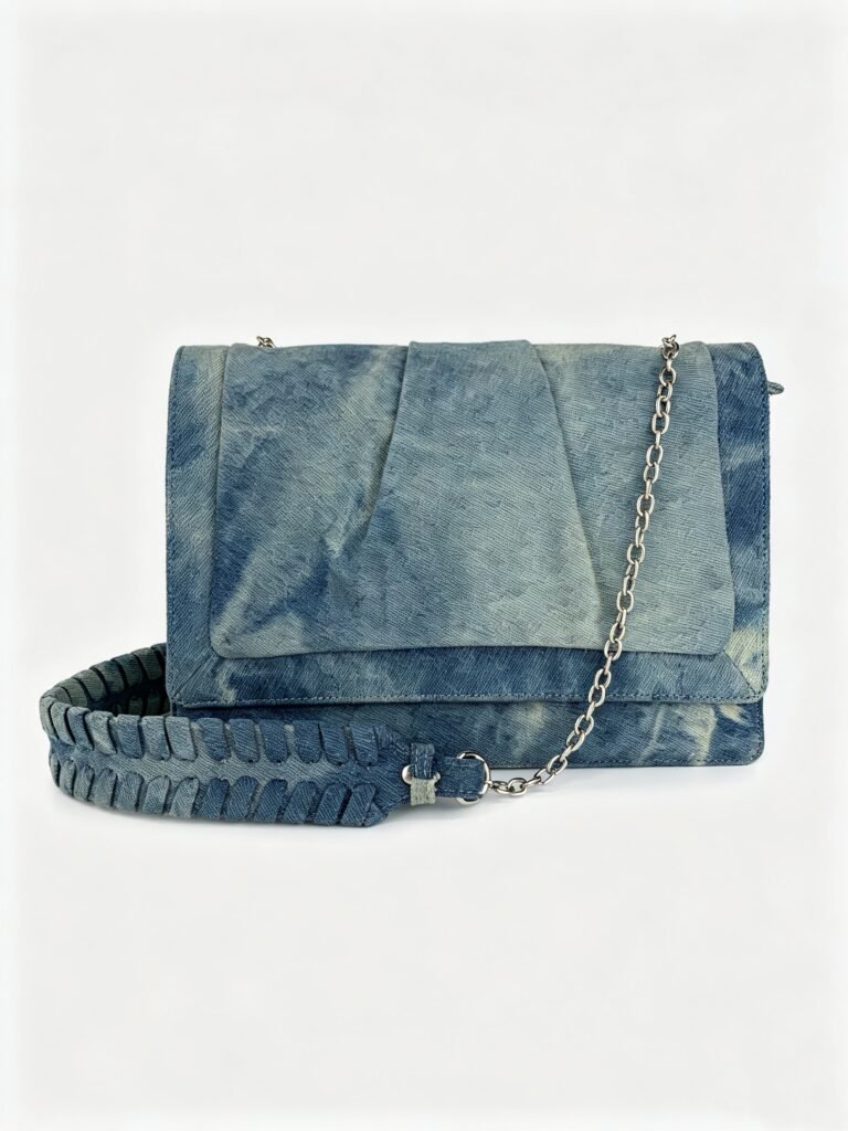 Vintage Tie Dye Washed Denim Flap Bag with Pleated Front & Dual Strap Detail