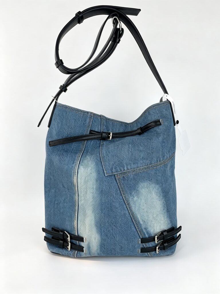 Vintage Washed Patchwork Denim Hobo Bag with Black Buckle Strap Detail