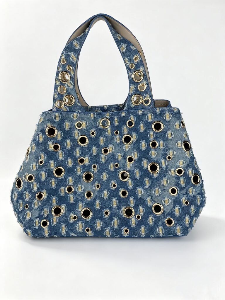 Vintage Distressed Denim Mini Tote Bag with Metal Eyelet Rivet Detail