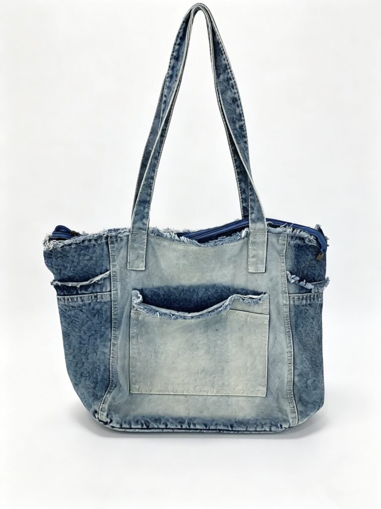 Vintage Washed Denim Tote Bag with Distressed Frayed Edge & Multi Pocket Detail