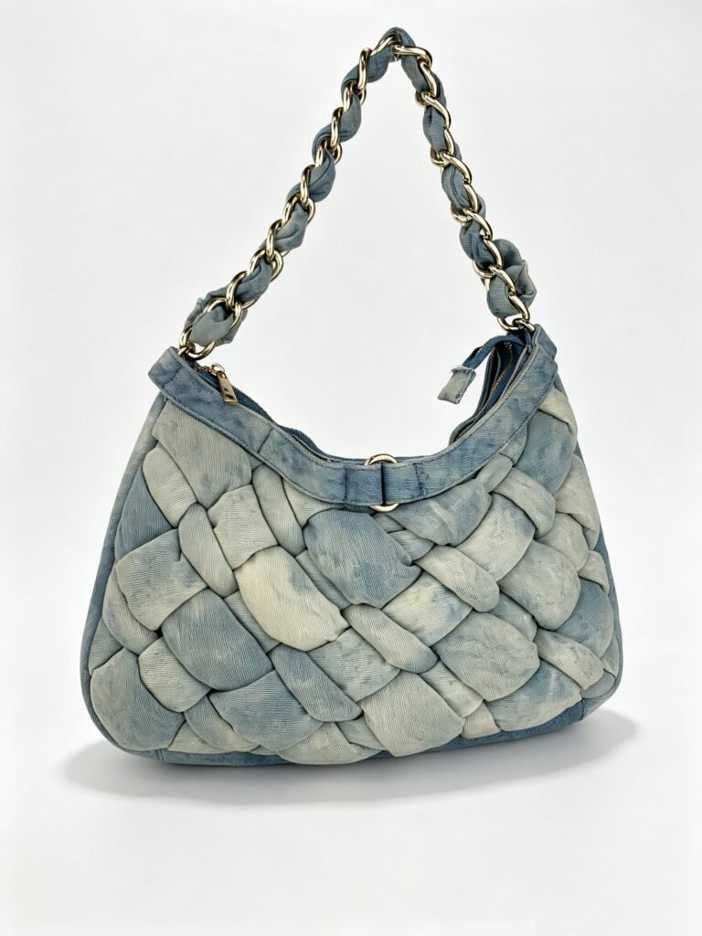 Vintage Washed Denim Braided Hobo Bag with Fabric Wrapped Metal Chain Detail