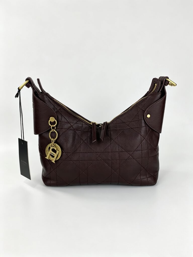 Vintage Dark Burgundy Quilted Leather Hobo Bag with Gold Logo Charm Detail