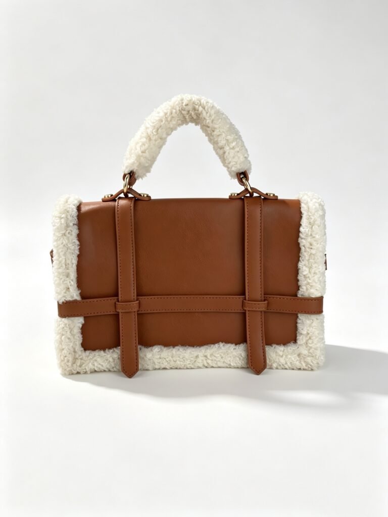 Vintage Brown Faux Leather Shearling Trim Top Handle Bag with Double Strap Detail