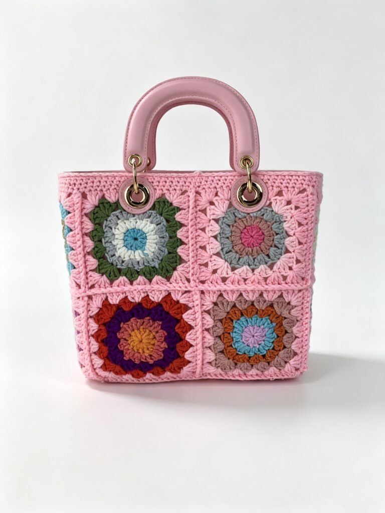 Vintage Pink Crochet Granny Square Top Handle Bag with Colorful Patchwork Detail