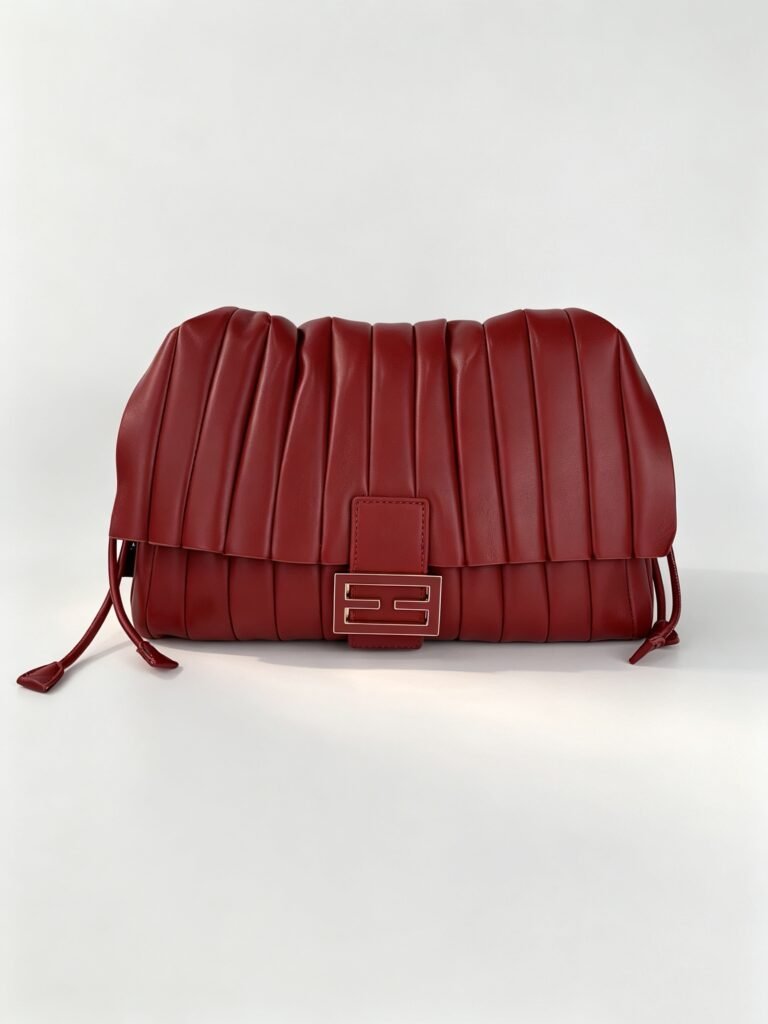 Vintage Deep Red Pleated Leather Flap Shoulder Bag with Metal Buckle Detail
