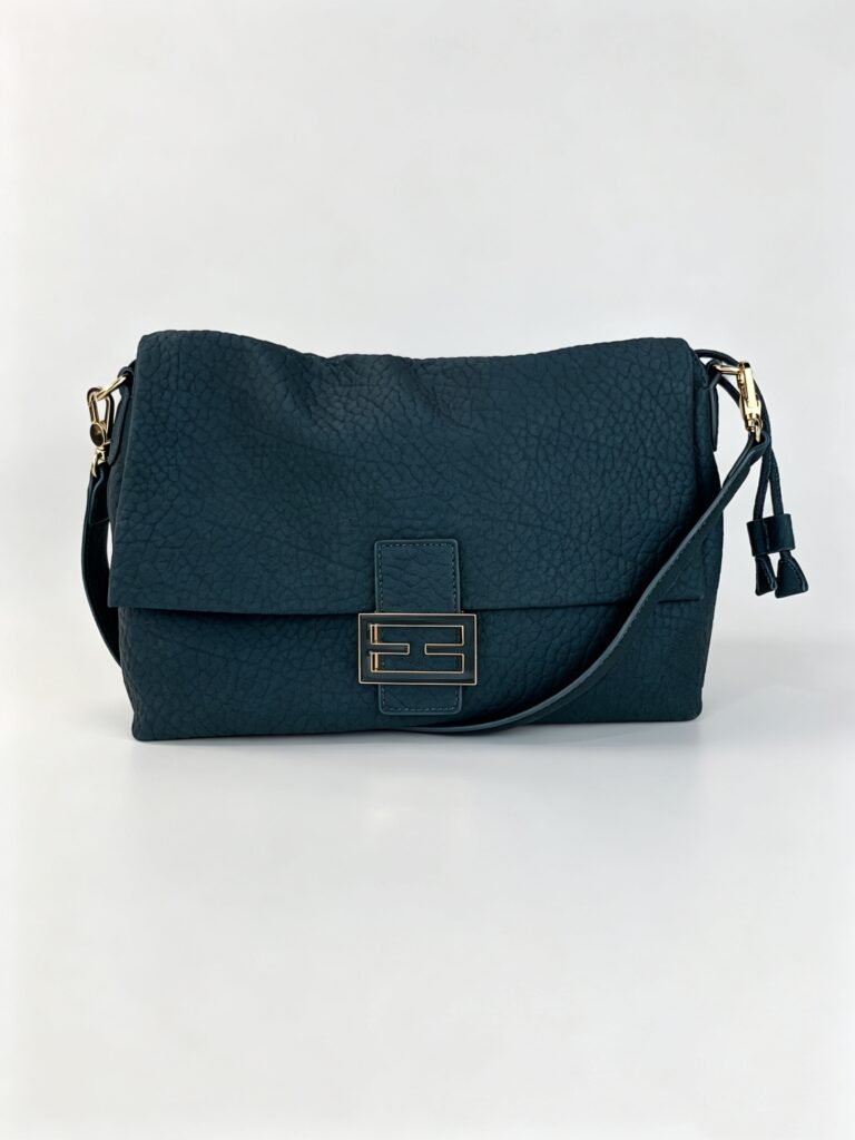 Vintage Dark Teal Pebbled Leather Flap Shoulder Bag with Metal Buckle Detail