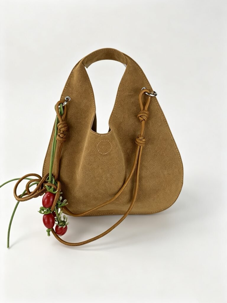 Vintage Camel Suede V-Cut Hobo Bag with Tomato Charm Detail